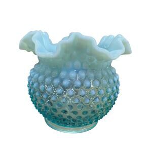Vintage Fenton Blue Opalescent Hobnail‎ Glass Vase Ruffled Edges 4.5"